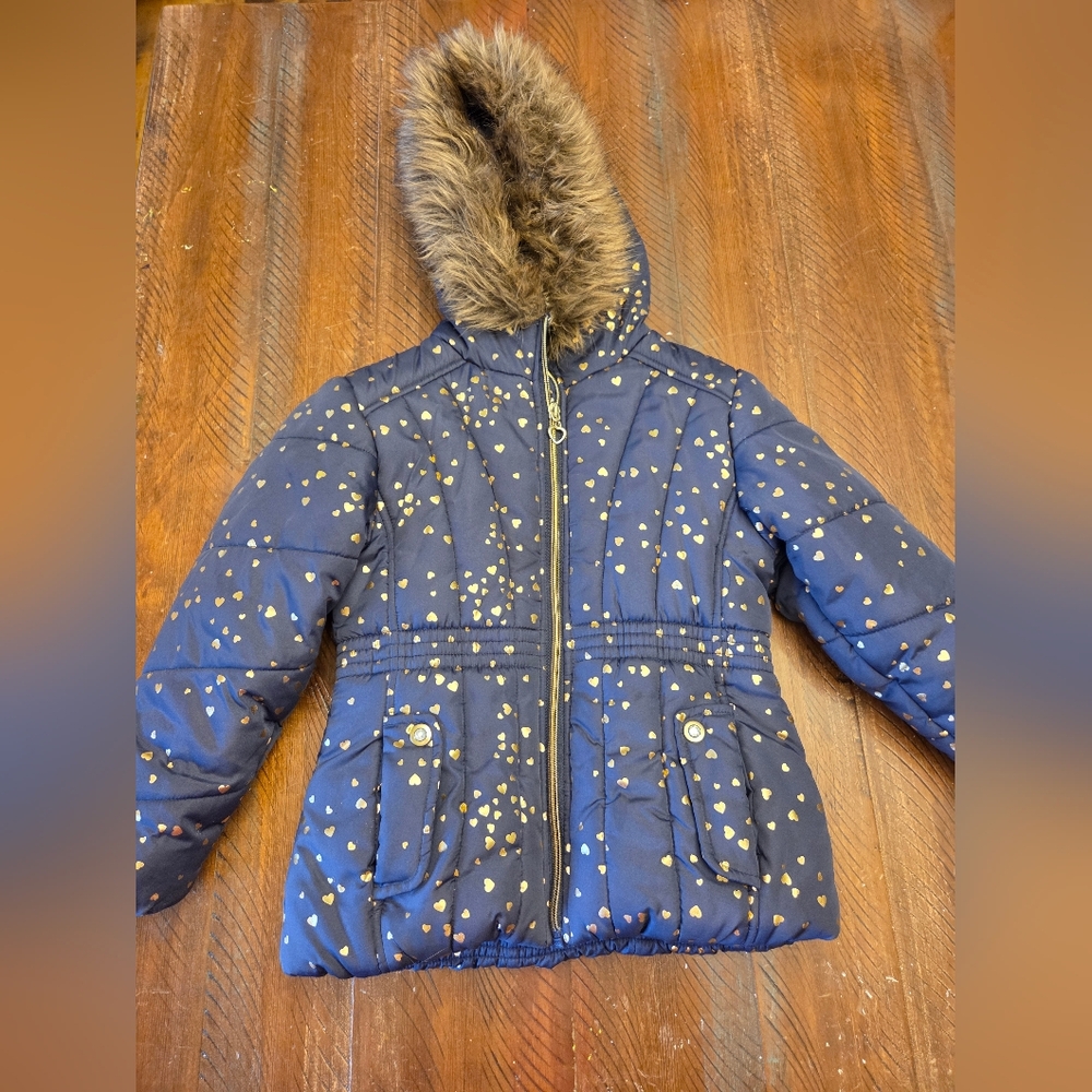 Kids Blue and Gold Jacket with Faux Fur Hood